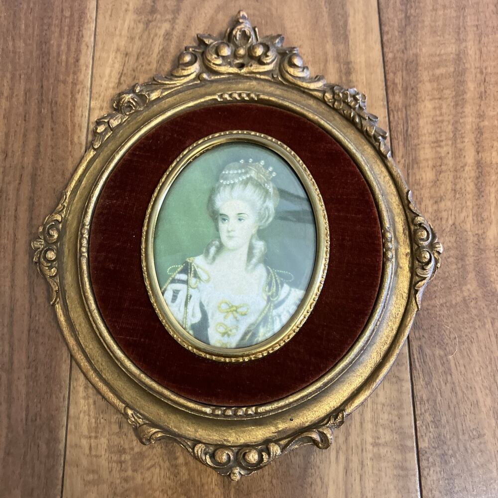 VTG Miniature Portrait of MME LAMBERT DE MORIGNEY 1950s Floral Gilt Felt Hanging